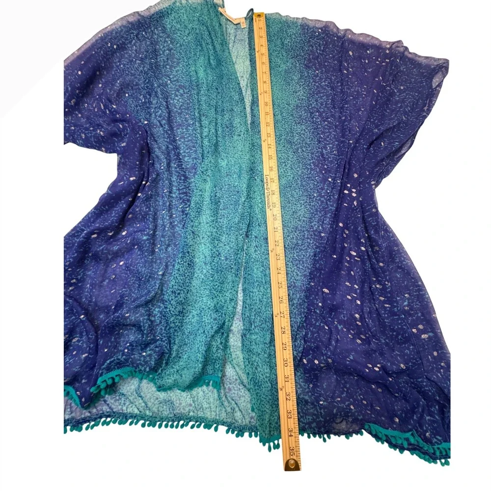Soft Surroundings Blue Teal Ombre Kimono Wrap Pom Pom Trim One Size Resort Boho